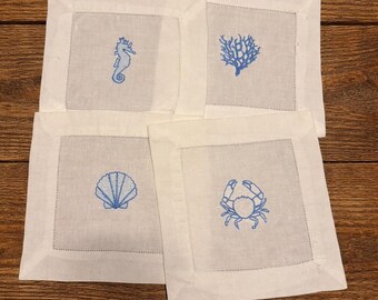 Embroidered Linen Cocktail Napkins, Nautical Beach House Decor
