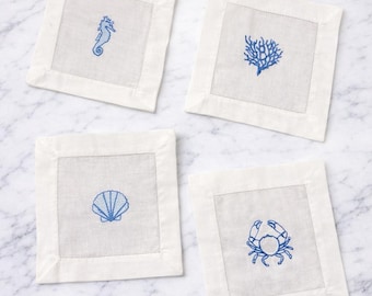 Custom Embroidered Cocktail Napkins, Personalized Coasters, Nautical Beach Theme Cocktail Napkins, Hostess Gift, Party Gift