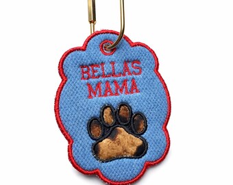 Embroidered Bag Tag Keychain, Dog Mom Gift, Denim Luggage Tag, Travel Bag Charm, Embroidered Bag harm