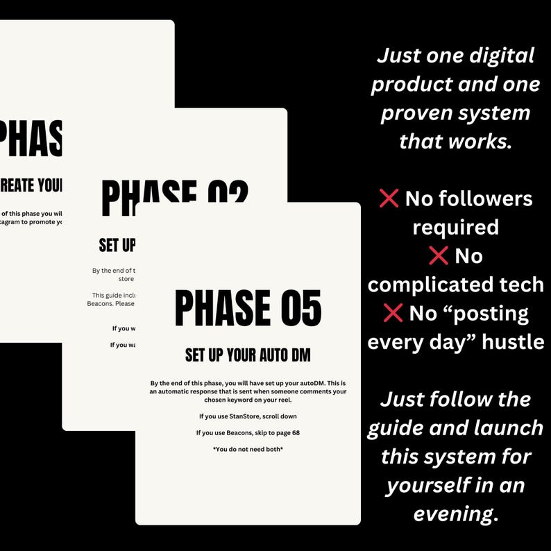 May include: A digital product guide with the text "PHASE 05 SET UP YOUR AUTO DM" on a white background. The guide promises a proven system to launch a digital product. The text also states "No followers required" and "Just follow the guide and launch this system for yourself in an evening."