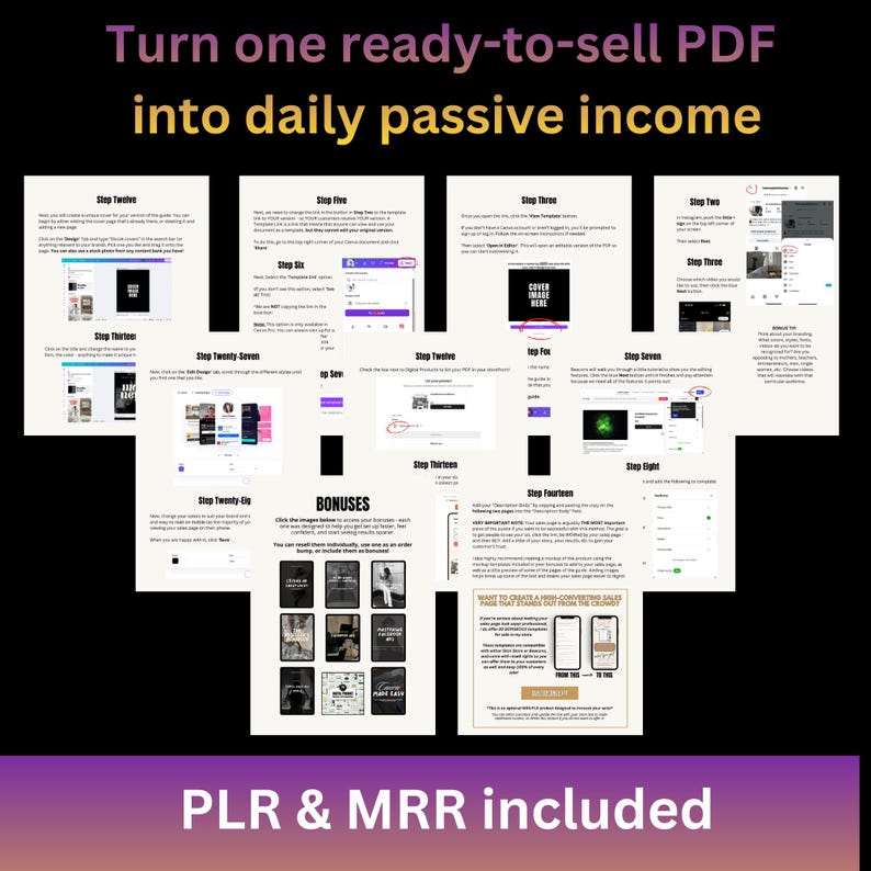 May include: Image with text: "Turn one ready-to-sell PDF into daily passive income." The image shows a series of steps and bonuses. Text at the bottom reads "PLR & MRR included."