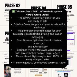 May include: A black graphic with white text that reads "This isn't just a PDF... It's a whole system." The text lists the contents of a digital product, including a guide, templates, and instructions for sales and marketing.