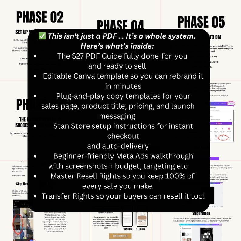 May include: A black graphic with white text that reads "This isn't just a PDF... It's a whole system." The text lists the contents of a digital product, including a guide, templates, and instructions for sales and marketing.