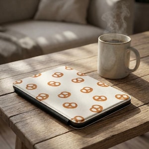 以下が含まれることがあります： 茶色のプレッツェルのイラストが繰り返されるクリーム色のタブレットケース。ケースは木製のテーブルの上にあり、コーヒーカップの隣にあります。ケースには黒い縁があります。