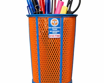 NYC Championship Trash Can Pencil Holder 4.5”, Blue & Orange Mesh Desk Organizer