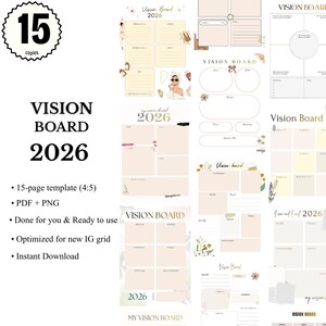 May include: A 15-page digital vision board template set for 2026, featuring various layouts with sections for health, career, and personal goals. The designs include soft beige and cream color palettes with floral accents and illustrations.