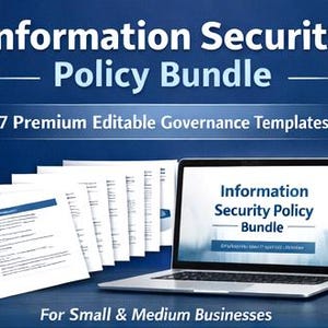 Puede incluir: Un ordenador portátil y varias hojas de papel se muestran sobre un fondo azul oscuro. La pantalla del portátil y los papeles muestran el texto "Information Security Policy Bundle". El texto "7 Premium Editable Governance Templates" también es visible.