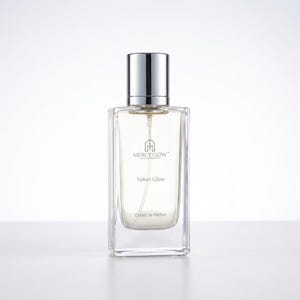 May include: A rectangular glass perfume bottle with a silver cap. The bottle contains a clear liquid and has the text "MERCY GLOW" and "Velvet Glow" printed on the front. The words "Extrait de Parfum" are also printed on the bottle.