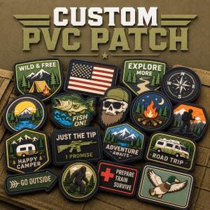 May include: A collection of custom PVC patches with various outdoor and adventure-themed designs. Patches include camping scenes, American flag, compass, fish, skull, and phrases like "Wild & Free" and "Road Trip".