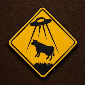 May include: A yellow and black diamond-shaped sign featuring a black silhouette of a cow being abducted by a UFO. The sign has a black border and is set against a dark wood grain background.