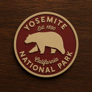 May include: Circular emblem for Yosemite National Park, California, featuring a bear silhouette. The emblem is in burgundy and cream colors, with the text "YOSEMITE NATIONAL PARK" and "Est. 1890" in a serif font. The emblem is set against a dark wood grain background.