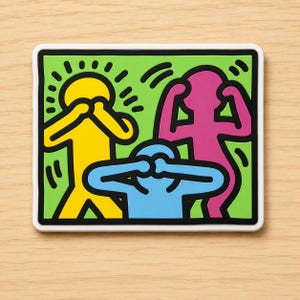 May include: A rectangular sticker featuring a vibrant pop art design. The artwork depicts three stylized figures in yellow, pink, and blue, each with their hands covering their eyes or ears, set against a green background. The sticker has a white border.