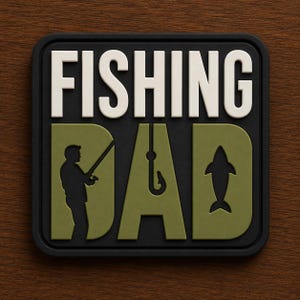 May include: A square black patch with rounded corners featuring the white text FISHING at the top. Below, the word DAD is rendered in olive green with a silhouette of a person fishing, a fish hook, and a fish integrated into the letters.