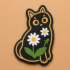 May include: A black cat-shaped magnet with a yellow outline and accents. The cat features two white daisies with yellow centers and green leaves. The magnet is on a tan background.