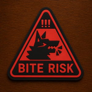 May include: A red and black triangular warning sign with the words "BITE RISK" in white text. The sign features a black silhouette of a snarling wolf's head and three exclamation points. The sign is on a wooden surface.