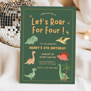 Convite para Festa de Aniversário com Tema de Dinossauros, Vamos Rugir por Quatro - Convite de Dinossauro, Festa de Aniversário Infantil com Tema de Dinossauros, Modelo Editável do Canva
