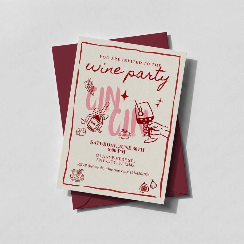 Op de afbeelding: Een cr&egrave;mekleurige uitnodiging met bordeauxrode tekst en illustraties voor een wijnfeest. De uitnodiging bevat de tekst "YOU ARE INVITED TO THE wine party" en details voor het evenement. Een bordeauxrode envelop bevindt zich achter de uitnodiging.