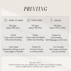 Op de afbeelding: Cr&egrave;mekleurige afbeelding met het woord 'PRINTING' bovenaan. Daaronder drie kolommen: 'PRINT AT HOME', 'PRINT SHOP' en 'DIGITAL', elk met bestandstype en afdrukinstructies. De tekst onderaan luidt 'PLEASE NOTE: Gedrukte kleuren kunnen vari&euml;ren...'