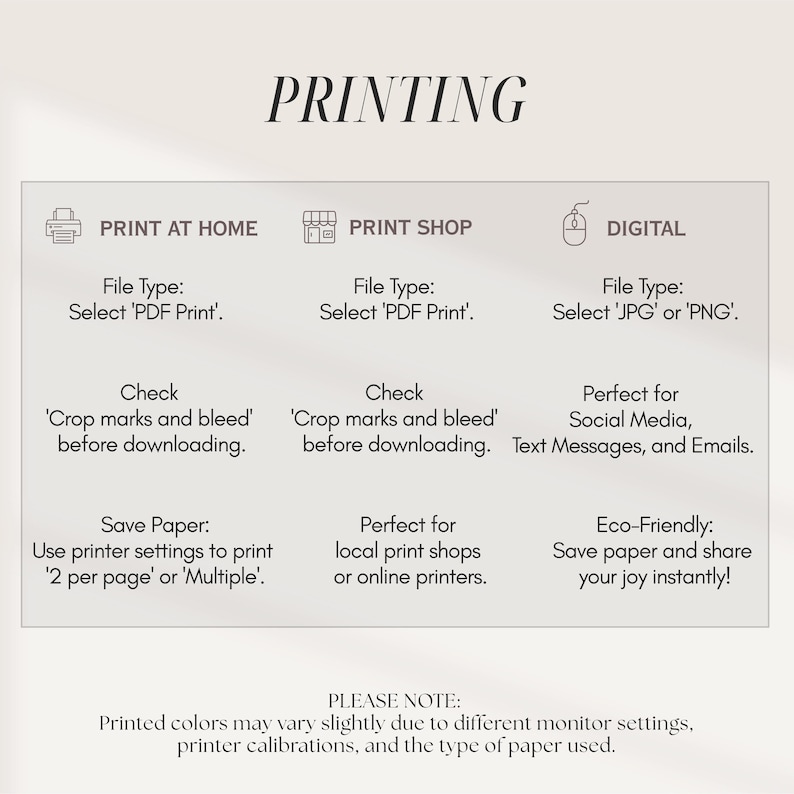 Op de afbeelding: Cr&egrave;mekleurige afbeelding met het woord 'PRINTING' bovenaan. Daaronder drie kolommen: 'PRINT AT HOME', 'PRINT SHOP' en 'DIGITAL', elk met bestandstype en afdrukinstructies. De tekst onderaan luidt 'PLEASE NOTE: Gedrukte kleuren kunnen vari&euml;ren...'