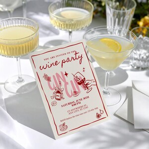 Op de afbeelding: Een uitnodiging voor een wijnfeest met een rode rand en illustraties van wijn gerelateerde items. De uitnodigingstekst luidt "YOU ARE INVITED TO THE wine party" met evenementdetails. Op de achtergrond staan ​​verschillende glazen cocktails.