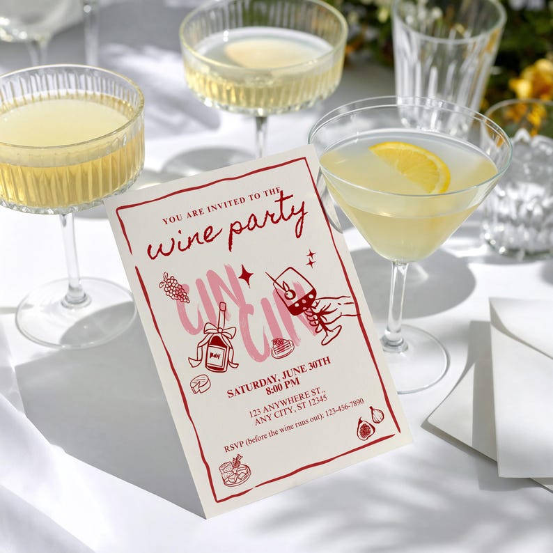Op de afbeelding: Een uitnodiging voor een wijnfeest met een rode rand en illustraties van wijn gerelateerde items. De uitnodigingstekst luidt "YOU ARE INVITED TO THE wine party" met evenementdetails. Op de achtergrond staan ​​verschillende glazen cocktails.