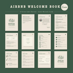 May include: A digital template for an Airbnb welcome book featuring twelve pages with a dark green background and cream-colored text. The pages include sections for house rules, check-in instructions, local recommendations, and emergency contacts.