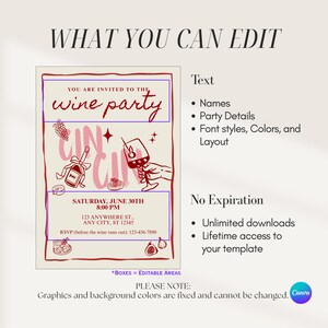 Op de afbeelding: Een sjabloon voor een wijnfeestuitnodiging met een cr&egrave;mekleurige achtergrond en bordeauxrode accenten. De tekst "wine party" is in een gestileerd lettertype. Bevat illustraties van wijnflessen, glazen en eten. Bewerkbare tekstgebieden.