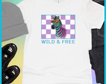 Camiseta de manga curta com estampa de zebra neon dos anos 90 | Estampa xadrez retrô, estilo streetwear livre e despojado para a volta às aulas