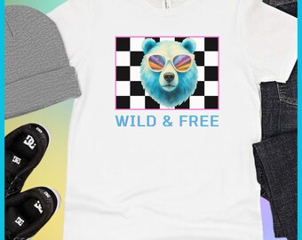 T-shirt a maniche corte con orsetto blu neon anni '90 / Scacchiera retrò, streetwear selvaggio e libero per il ritorno a scuola