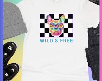 90s Neon Frenchie Dog Short-Sleeve T-Shirt | Retro Checkerboard, Wild & Free Back to School Streetwear