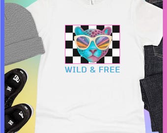 90s Neon Cheetah Short-Sleeve T-Shirt | Retro Checkerboard, Wild & Free Back to School Streetwear