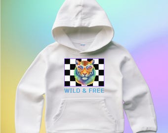 Sudadera con capucha de tigre neón de los 90 / Cuadros retro, estilo Wild & Free, ropa urbana para la vuelta al cole.