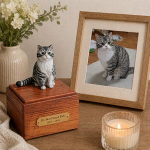 Könnte beinhalten: Eine Holzurne für Haustiere mit einer dekorativen Katzenfigur. Die Urne hat ein Messingschild mit der Aufschrift "My Best Friend Baby 2013-2026". Ein gerahmtes Foto einer Katze und eine brennende Kerze sind ebenfalls zu sehen.