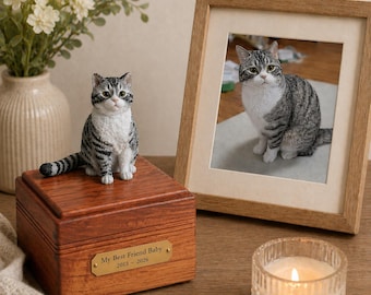 Custom Cat Urn with Figurine, Walnut Wood Pet Memorial Box, Handmade Clay Statue
