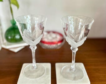 Vintage Crystal Wine Glass Pair - Cristal D'Arques Florence Collection, Frosted Petal Design