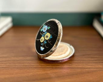 Vintage Crown Silver Powder Compact, Mirror Compact, Black Floral Design