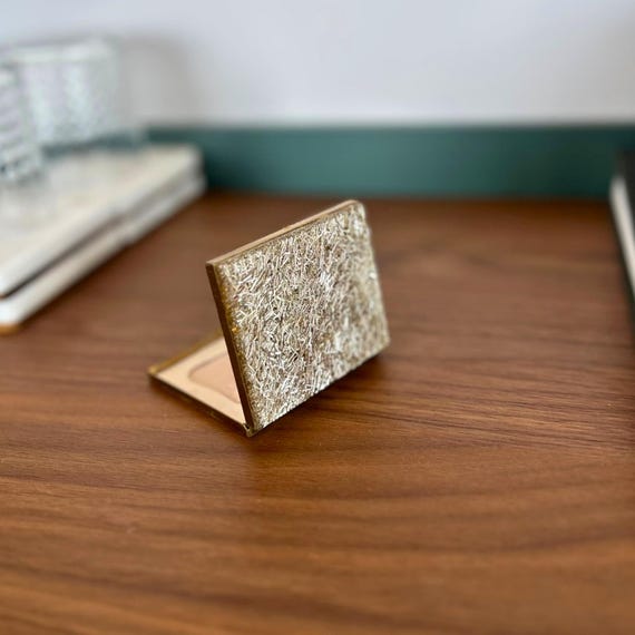 Vintage Silver Confetti Lucite Powder Compact, Gold and Glitter Vanity Mirror Compact View 2