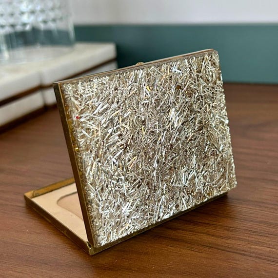Vintage Silver Confetti Lucite Powder Compact, Gold and Glitter Vanity Mirror Compact