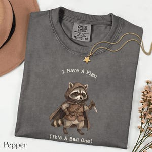 Pode incluir: Camiseta Comfort Colors cor pimenta com o texto "I Have A Plan (It's A Bad One)" e um guaxinim de desenho animado com capa e faca. Um colar com pingente de estrela dourada está sobre a camiseta.