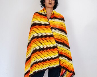 70s handmade sunset blanket / 36in x 70in / large couch throw / cute couch throw / handknit / hand crocheted / earth tones
