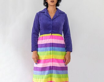 60s quilted purple velvet house dress / 14 m medium / velour lounge dress / fit and flare dress / fifth avenue robes dress / hostess dress