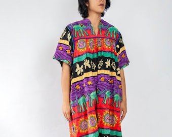 80s elephant print kaftan dress / m medium l large / peasant dress / house dress / mumu / festival dress / short sleeve dress