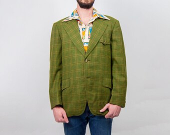 60s green plaid wool sportscoat / 44 l large / plaid green blazer / vintage green blazer / retro green blazer / mens sports coat