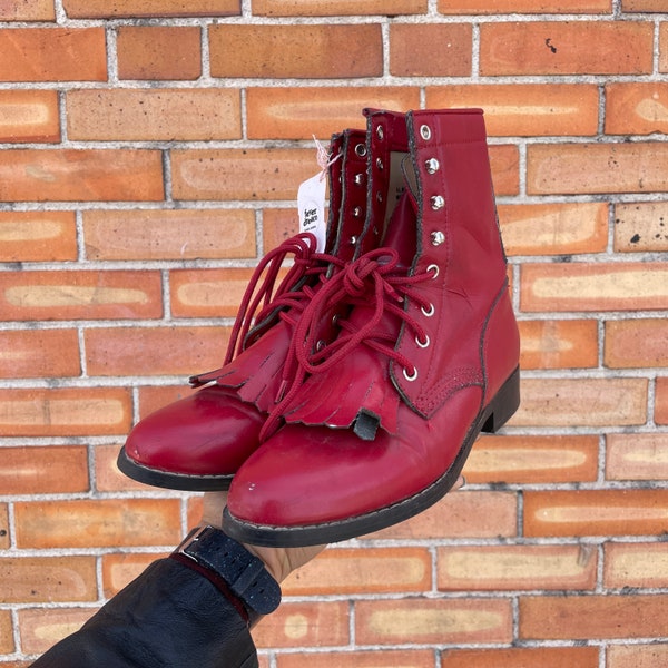 vintage 90s red faux leather lace up roper boots / w 6.5