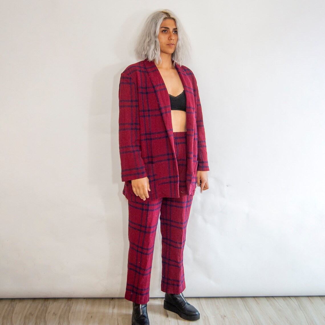 red plaid pants suit