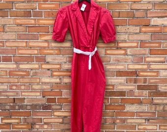 vintage 80s red cotton jumpsuit / s small