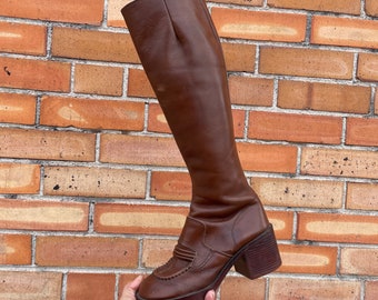 vintage 70s brown loafer style leather stacked heel knee high boots  / w 5m