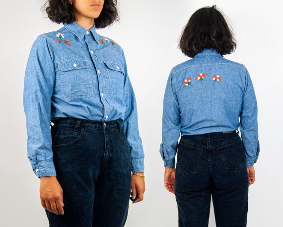 70s Embroidered Chambray Shirt M / L