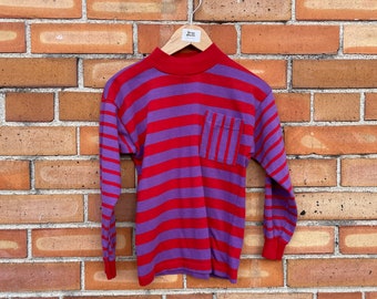 vintage 90s kids red and purple colorblock striped turtleneck pocket tee shirt / 6 1/2