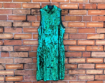 vintage 90s teal green sequin mini gogo dress/ s small